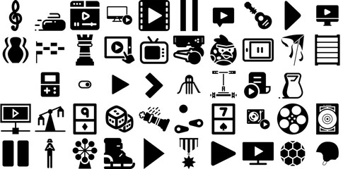 Mega Collection Of Play Icons Set Hand-Drawn Linear Vector Symbol Icon, Symbol, Initiate, Apple Doodles Isolated On White Background