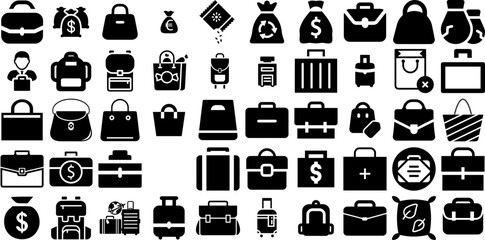 Big Set Of Bag Icons Bundle Solid Infographic Symbols Investment, Finance, Goodie, Silhouette Symbols For Computer And Mobile