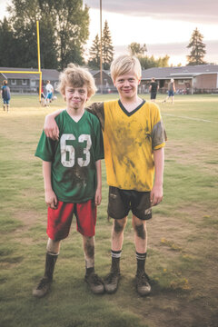 Young football player photo together on football field, AI generated