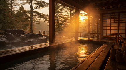 Traditional Japanese village hot springs during sunrise. Amazing empty water pool in an old Asian style in nature. Beautiful Chinese garden in the evening during sunset with sunbeams and lens flare. - obrazy, fototapety, plakaty