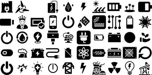 Huge Set Of Power Icons Collection Isolated Design Web Icon Global, Pointer, Set, Wind Pictograph For Apps And Websites