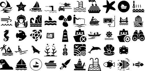 Massive Set Of Sea Icons Set Isolated Vector Signs Creature, Tortoise, Anchor, Icon Graphic Isolated On Transparent Background - obrazy, fototapety, plakaty