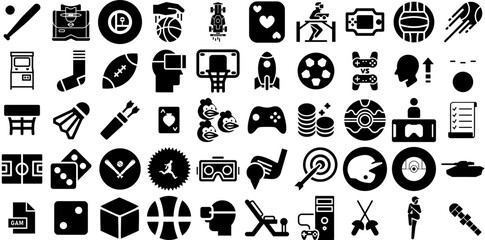 Huge Set Of Game Icons Collection Black Infographic Pictograms Entertainment, Set, Court, Playstation Pictograms Isolated On White Background