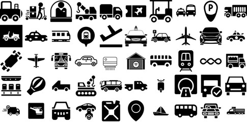 Huge Set Of Transportation Icons Bundle Linear Cartoon Pictogram Funicular, Bus, Set, Global Signs Isolated On White Background