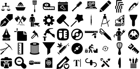 Massive Collection Of Tool Icons Collection Flat Vector Pictogram Tool, Engineering, Trimming, Set Pictograms Isolated On Transparent Background