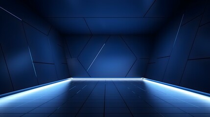 Empty geometrical Room in Medium Blue Colors with beautiful Lighting. Futuristic Background for Product Presentation.