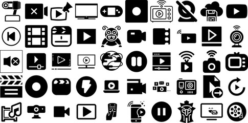 Massive Set Of Video Icons Collection Hand-Drawn Black Vector Pictogram Playstation, Set, Chat, Demo Elements For Apps And Websites