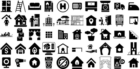 Mega Set Of Home Icons Collection Black Drawing Glyphs Sensor, People, Automation, Installation Doodle Isolated On White Background