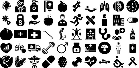 Mega Set Of Health Icons Set Solid Simple Pictogram Silhouette, Cardiac, Set, Patient Silhouette For Computer And Mobile