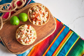 Peruvian and mexican toast fish ceviche. Top View.