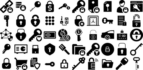 Huge Set Of Lock Icons Set Hand-Drawn Linear Concept Glyphs Lock, Symbol, Icon, Open Symbols Isolated On Transparent Background