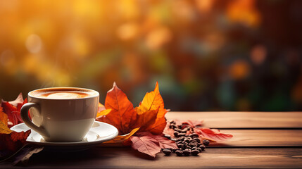 Naklejka na ściany i meble Coffee and autumn maple leaves composition. Generative Ai