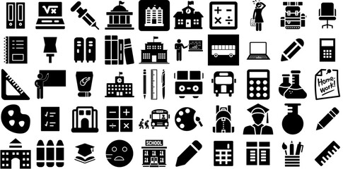 Huge Set Of School Icons Collection Hand-Drawn Solid Cartoon Clip Art Set, Course, Draw, Apple Doodles Isolated On White