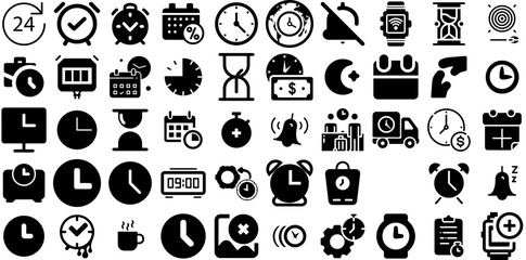 Big Collection Of Time Icons Set Flat Vector Silhouettes Finance, Set, Patient, Rapid Buttons Isolated On White