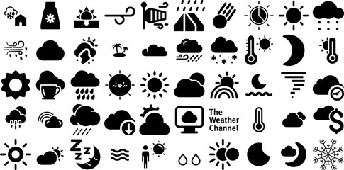 Huge Set Of Weather Icons Collection Black Modern Silhouette Forecast, Icon, Weather Forecast, Symbol Pictograms Isolated On Transparent Background - obrazy, fototapety, plakaty
