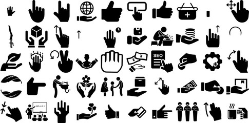 Mega Set Of Hand Icons Bundle Flat Vector Symbol Health, Drawn, Silhouette, Pointer Pictograms Isolated On White