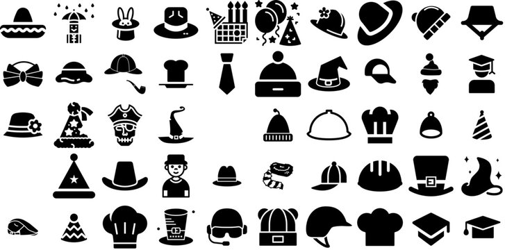 Massive Set Of Hat Icons Collection Solid Design Symbol Birthday, Toque, Icon, Contractor Buttons Isolated On Transparent Background