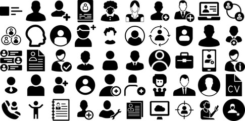 Huge Set Of Profile Icons Set Hand-Drawn Linear Cartoon Symbol Icon, Certified, Team, Silhouette Glyphs Isolated On Transparent Background
