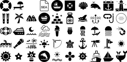Massive Collection Of Sea Icons Pack Flat Cartoon Pictograms Tortoise, Creature, Anchor, Icon Doodle For Computer And Mobile