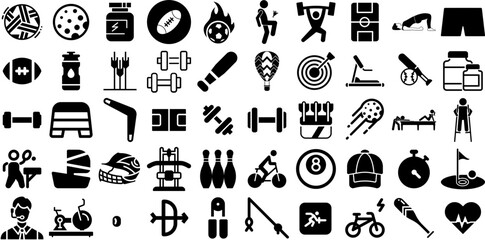 Huge Collection Of Sport Icons Set Flat Simple Pictogram Health, Silhouette, Tool, Court Pictogram For Computer And Mobile