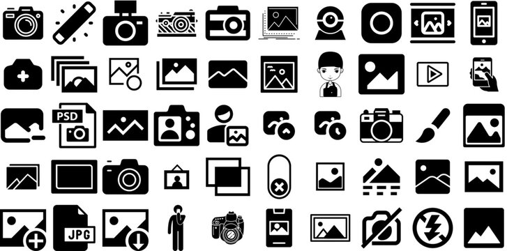Massive Set Of Photo Icons Pack Hand-Drawn Solid Design Pictogram Icon, Holiday Maker, Silhouette, Ok Doodles Isolated On Transparent Background