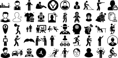 Big Set Of Man Icons Set Hand-Drawn Black Design Glyphs Carrying, Workwear, Silhouette, Profile Glyphs Isolated On White