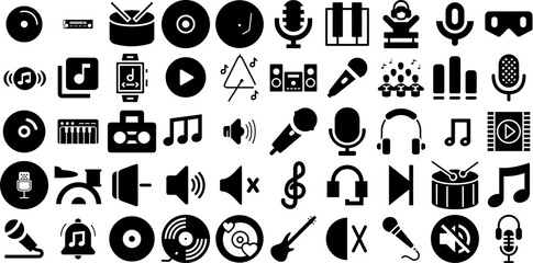 Big Set Of Music Icons Pack Hand-Drawn Black Vector Signs Speaker, Singer, Tool, Entertainment Symbols Isolated On Transparent Background