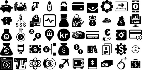 Massive Set Of Money Icons Bundle Hand-Drawn Black Infographic Web Icon Goodie, Coin, Silhouette, Finance Silhouette Isolated On White Background