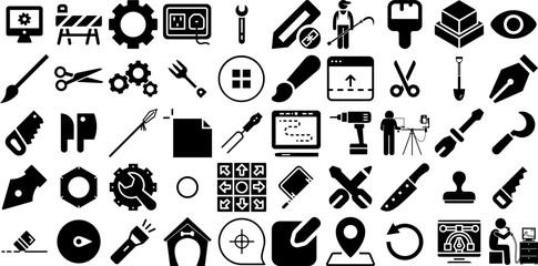 Huge Collection Of Tool Icons Set Linear Drawing Symbols Tool, Trimming, Set, Engineering Graphic Isolated On White Background