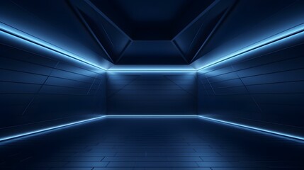 Empty geometrical Room in Midnight Blue Colors with beautiful Lighting. Futuristic Background for Product Presentation.