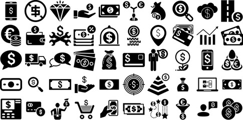 Big Set Of Dollar Icons Bundle Linear Concept Web Icon Finance, Coin, Cheap, Icon Pictograph Isolated On Transparent Background