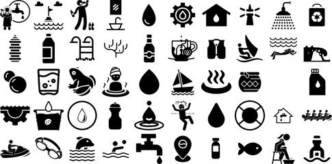 Huge Collection Of Water Icons Bundle Black Concept Silhouette Yacht, Tool, Wind, Bathing Signs Isolated On Transparent Background - obrazy, fototapety, plakaty