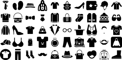 Mega Collection Of Fashion Icons Collection Hand-Drawn Solid Drawing Symbol Making, Silhouette, Open, Icon Pictograms Isolated On White Background