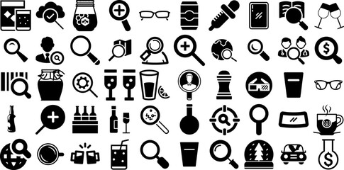 Mega Collection Of Glass Icons Bundle Flat Infographic Clip Art Icon, Symbol, Magnifier, Traceability Glyphs Isolated On White