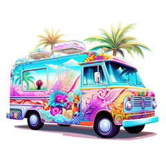 Beach Ice Cream Truck Hologram Color Clipart. Beautiful Summer Time Beach Elements Clipart PNG Sublimation isolated on Transparency Background.