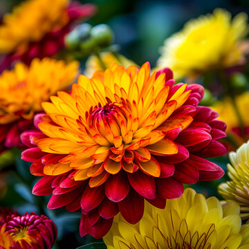 Closeup of beautiful yellow and red dahlia flowers in bloom.
