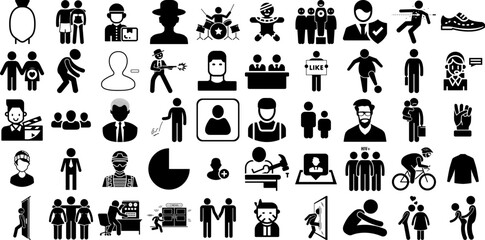 Huge Collection Of Man Icons Pack Hand-Drawn Solid Concept Pictogram Workwear, Carrying, Profile, Silhouette Pictogram Isolated On White Background - obrazy, fototapety, plakaty
