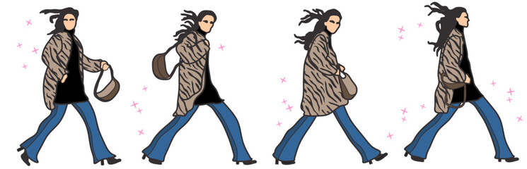 Girl in an animal print coat and trousers.