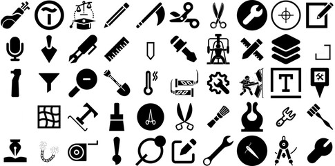 Massive Set Of Tool Icons Collection Hand-Drawn Black Design Clip Art Tool, Set, Trimming, Engineering Elements Isolated On Transparent Background