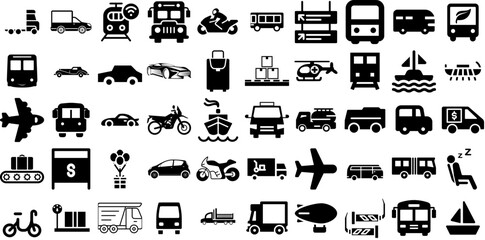 Huge Set Of Transportation Icons Pack Hand-Drawn Solid Infographic Silhouette Funicular, Bus, Set, Global Doodle Isolated On Transparent Background