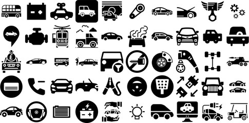 Big Collection Of Car Icons Set Solid Vector Symbols Slow, Laundered, Yacht, Mark Element Isolated On Transparent Background
