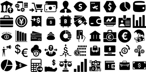 Huge Set Of Finance Icons Set Hand-Drawn Solid Modern Symbol Giving, Court, Coin, Finance Silhouettes Isolated On White