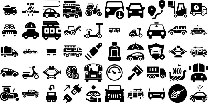 Massive Set Of Vehicle Icons Set Solid Drawing Signs Icon, Holiday Maker, Wheel, Coin Pictogram Isolated On Transparent Background