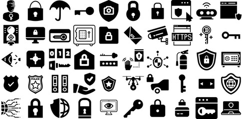 Big Set Of Security Icons Bundle Solid Drawing Pictogram Mark, Tool, Set, Person Doodles Vector Illustration