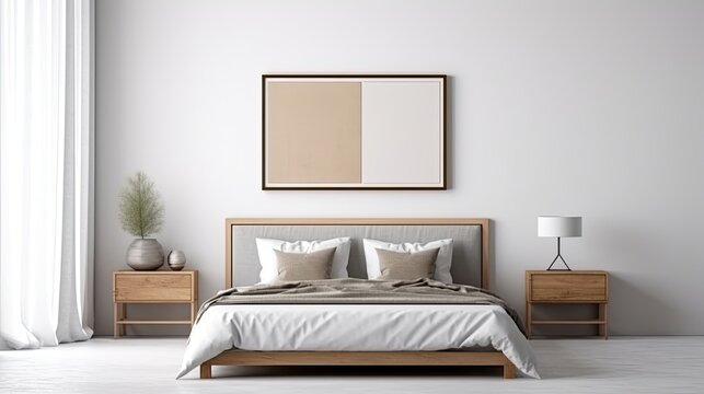 A contemporary bedroom with a white wall and an empty picture frame. interior design mockup in a modern aesthetic. Complimentary copy space for your poster or photo. beds, couches, consoles, and lamps