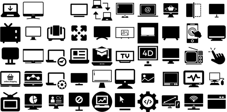 Big Set Of Screen Icons Pack Hand-Drawn Linear Modern Silhouette Full, Thin, Icon, Tablet Pictograph Isolated On White Background