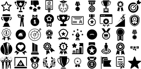Mega Set Of Achievement Icons Bundle Hand-Drawn Black Infographic Signs Best, Delegation, Icon, Badge Elements Isolated On White Background