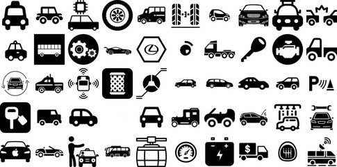 Big Collection Of Automobile Icons Set Hand-Drawn Linear Design Silhouettes Badge, Fuel, Barrel, Icon Pictograph For Apps And Websites