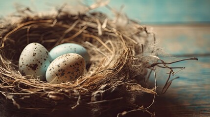 A small birds nest with eggs. Web banner with copy space. Generative AI