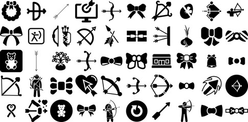 Huge Collection Of Bow Icons Bundle Linear Drawing Pictograms Celebration, Archer, Attaching, Icon Pictogram Isolated On Transparent Background